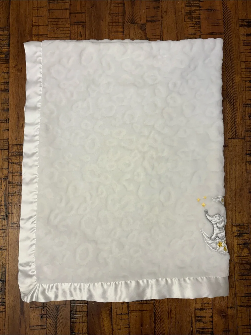 Baby Starters White Minky Elephant Moon & Back Satin Trim Crib Blanket